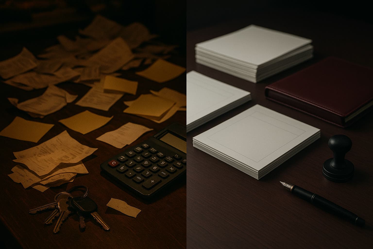A la izquierda, un mostrador desordenado con tickets y papeles sueltos; a la derecha, una mesa ordenada con documentos, un libro de actas y un sello.