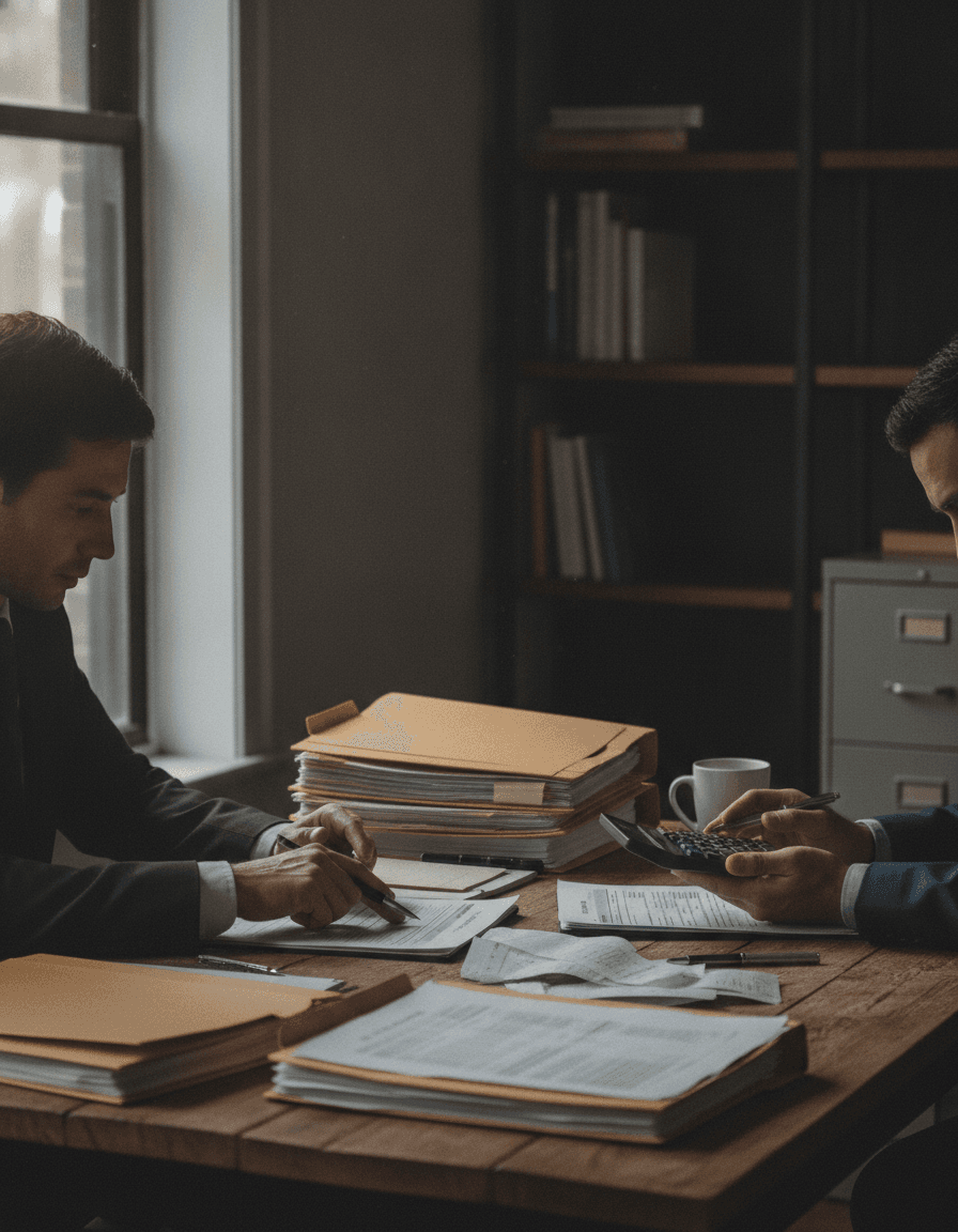 Un contador y un empresario revisan papeles impositivos en un escritorio