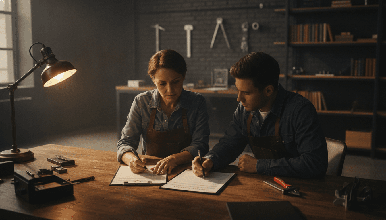 Empleador y trabajador revisan un contrato de trabajo en un escritorio