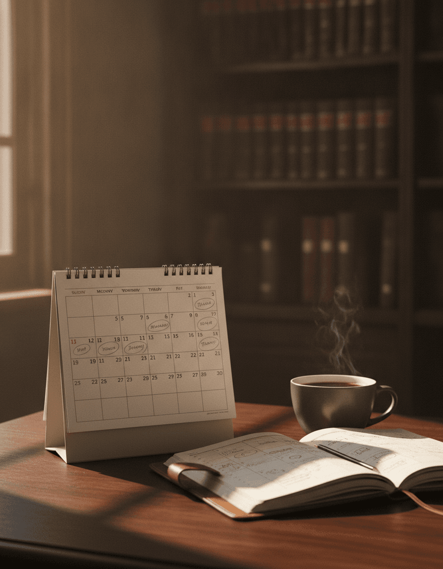 Un calendario de escritorio con días marcados junto a una agenda abierta