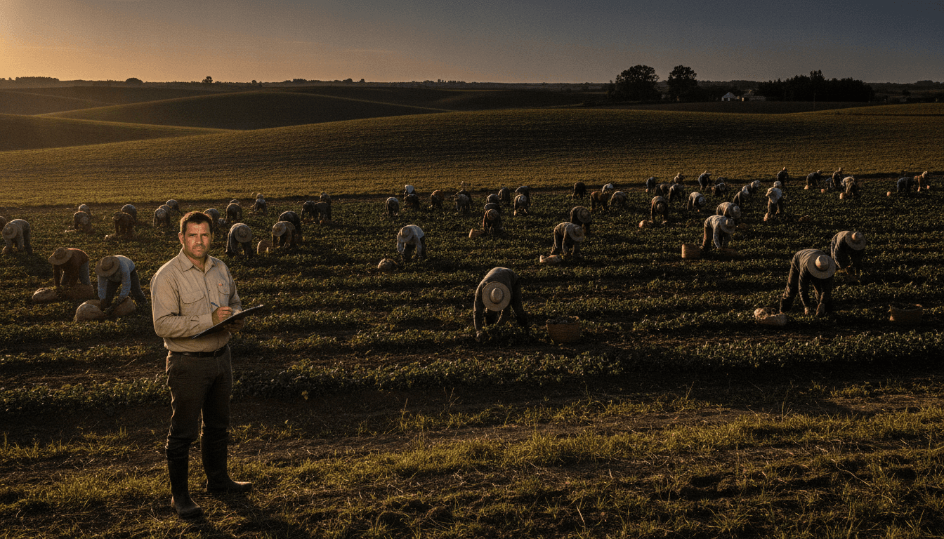 Trabajadores rurales de temporada en un campo de la región pampeana
