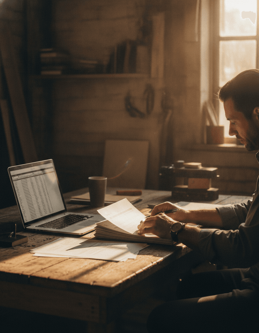 Un emprendedor revisa la documentación de su empresa junto a la computadora