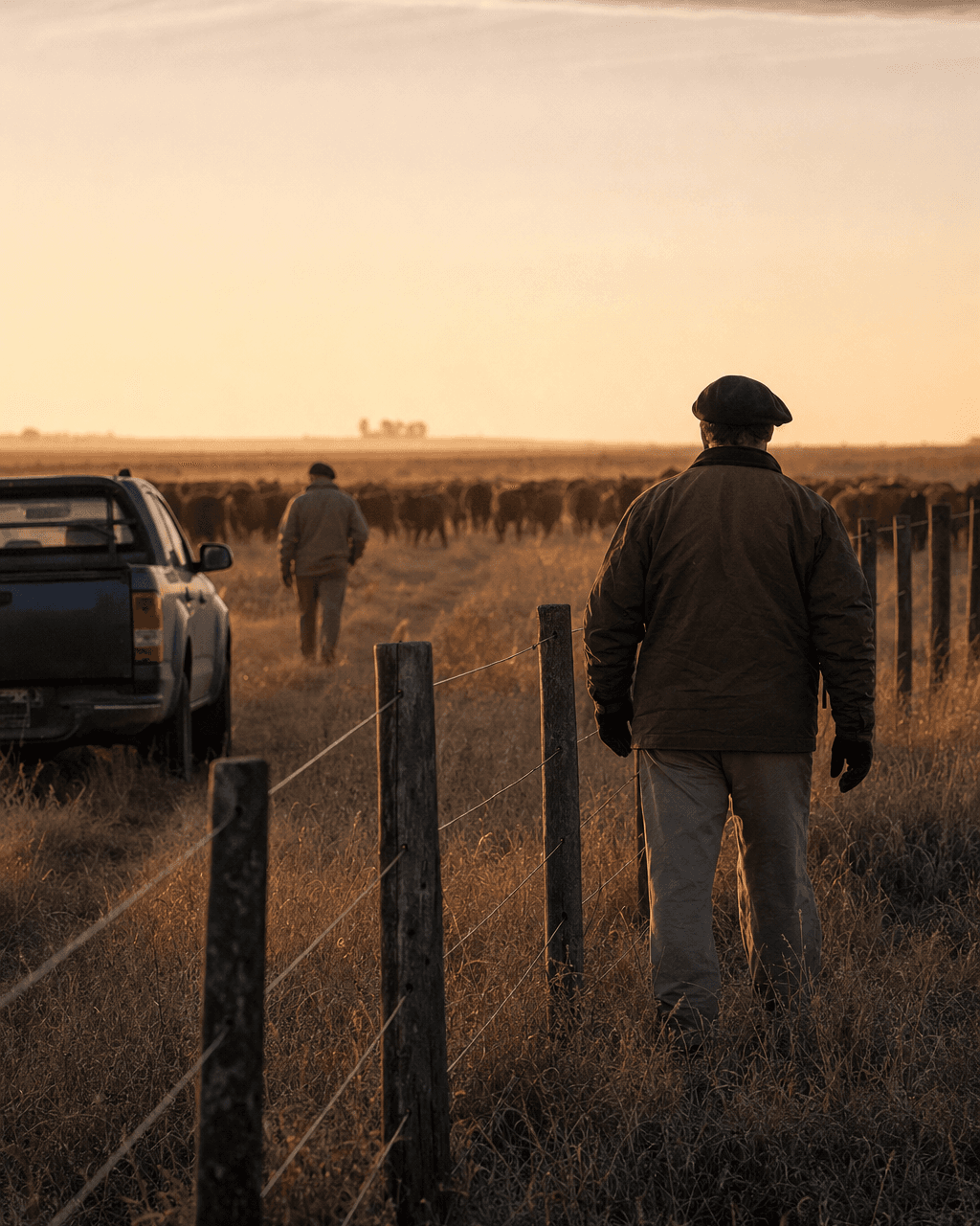Dos trabajadores rurales caminan junto a un alambrado al amanecer, con una camioneta y ganado en el fondo